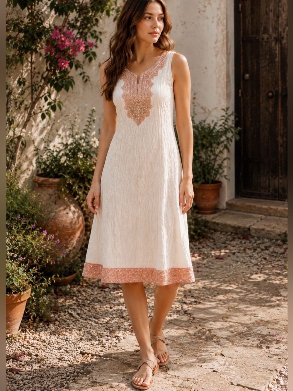 Handmade Boho Hand Beaded Embroidered Bridal Tunic Dress White Pink Silver Midi